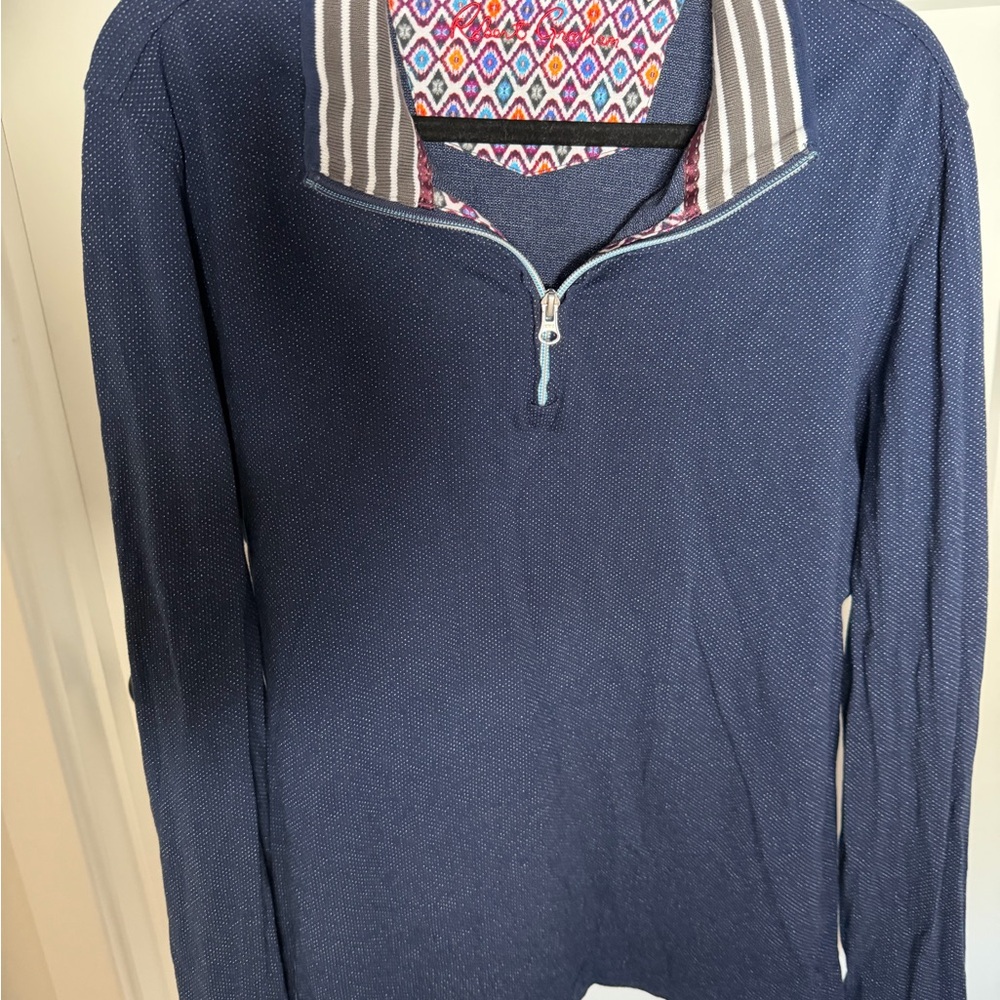 Robert Graham Navy Zip-Up Polo with Patterned Collar